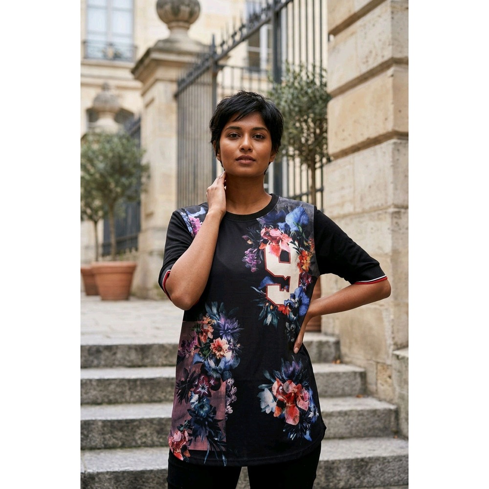 Zara Floral Varsity Number 9 Jersey Top Black Short Sleeve Pockets Woman - Picture 2 of 15